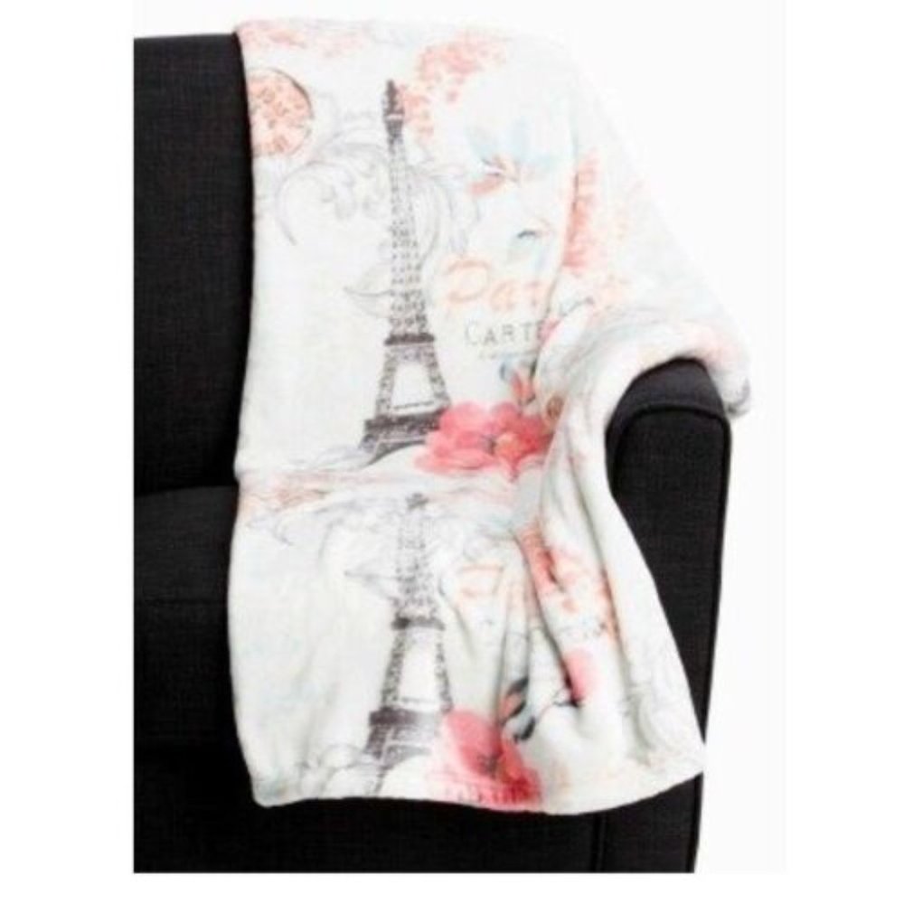 Paris Throw Blanket Plush Parisian Pink Blue Gray Eiffel Tower Floral 50x60 NEW